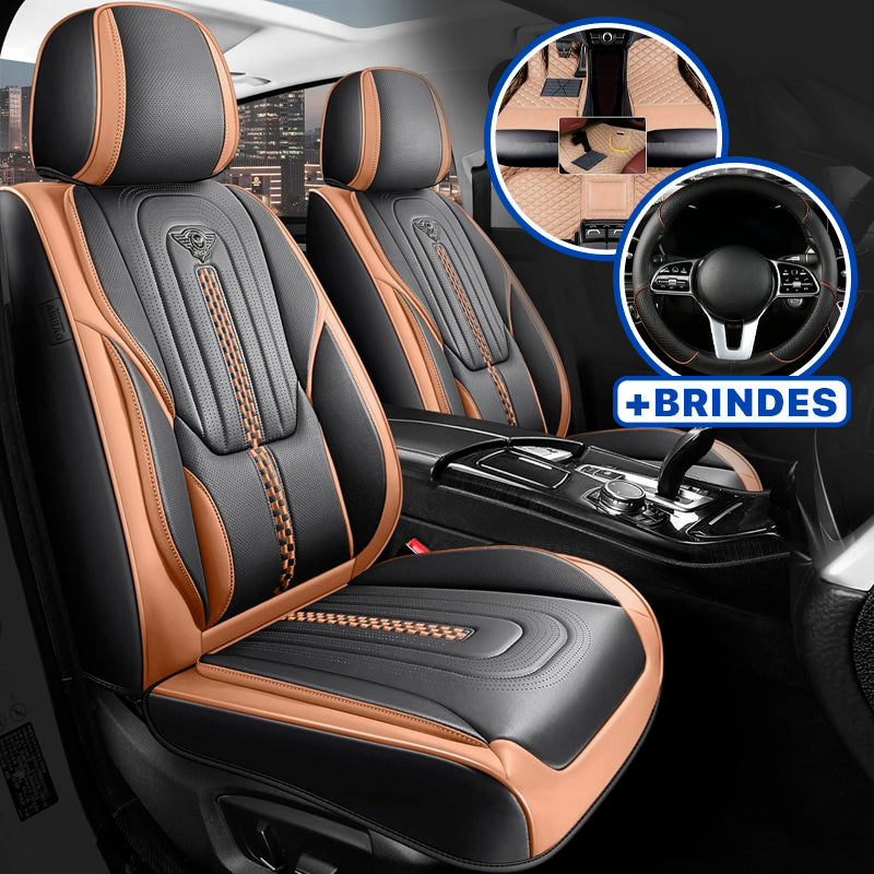 Capa Universal Completa Para Carro Izurus em Couro Legítimo e AirBag +BRINDES: 3 Tapetes Para Carro e Capa de Volante