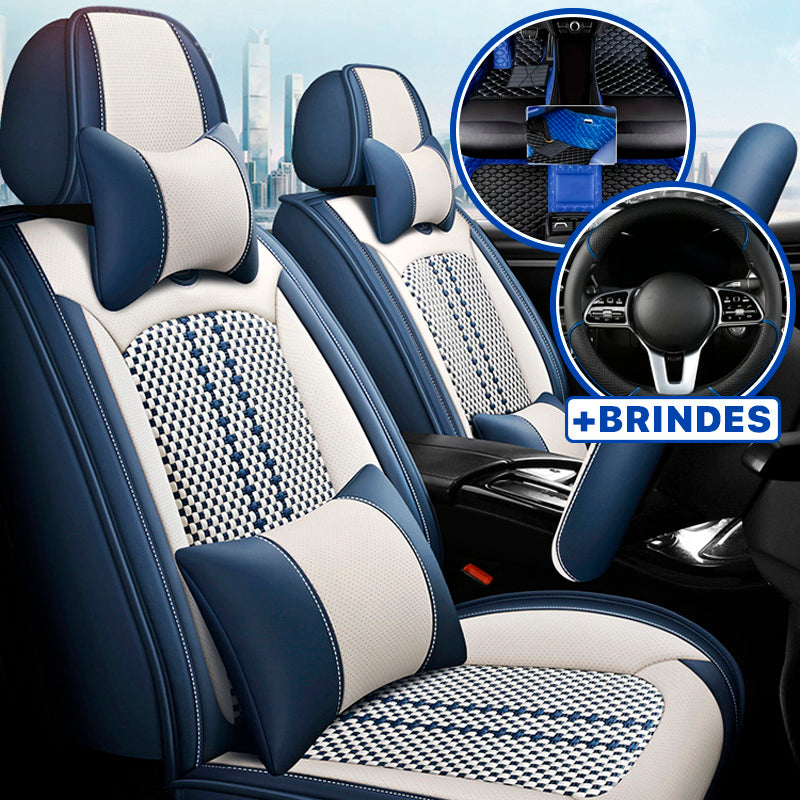 Capa Universal Completa Para Carro Evotek em Couro Legítimo e AirBag +BRINDES: 3 Tapetes Para Carro e Capa de Volante